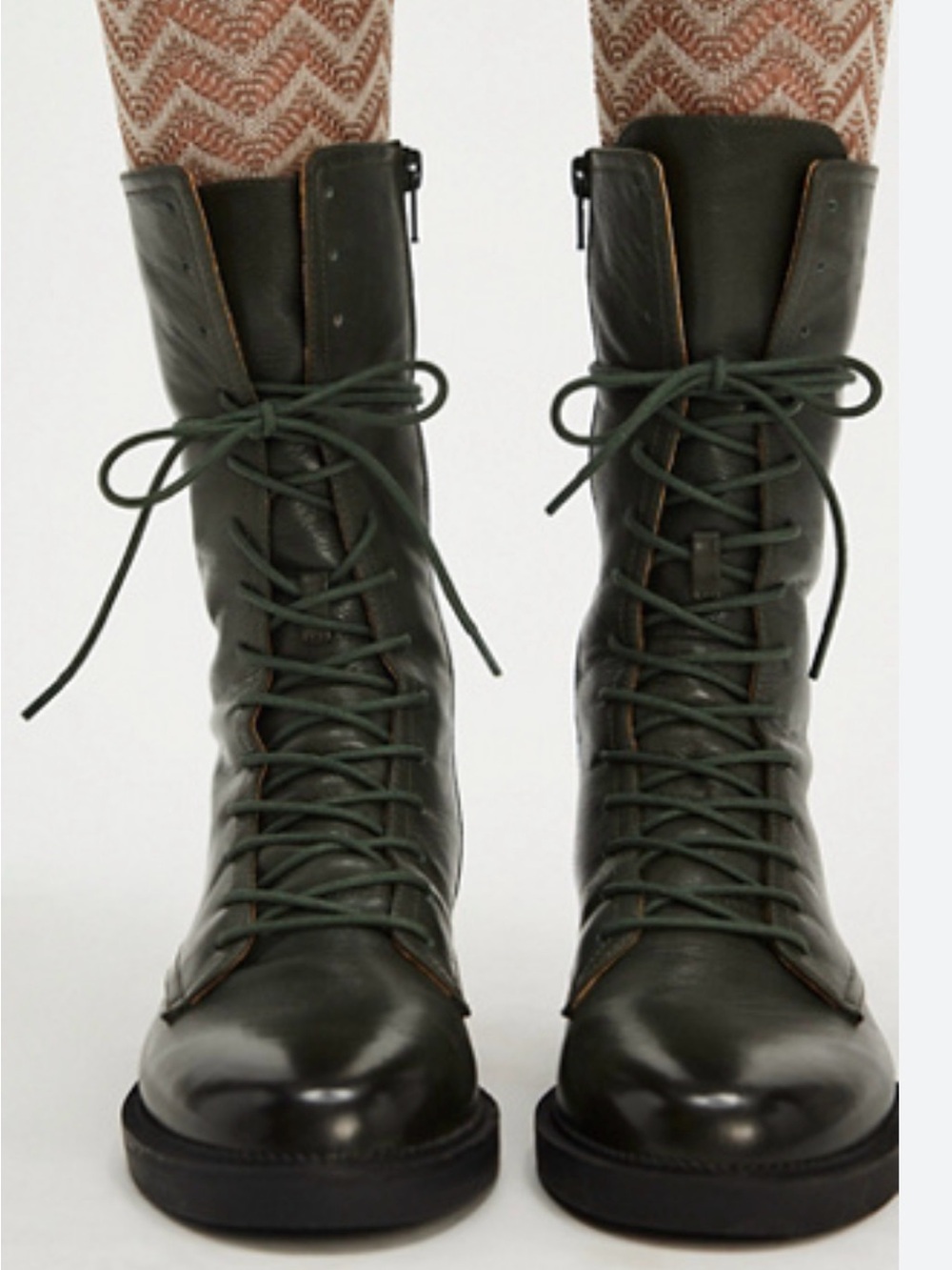 Glossy Olive Green Lace-Up Platform Combat Boots
